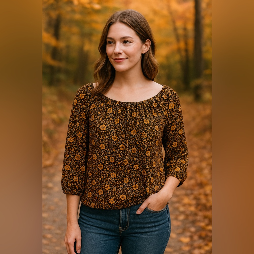 Michael Kors Black & Gold Floral Peasant Blouse – Size Small